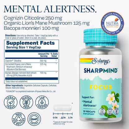 Solaray SharpMind Focus Nootropic – Cognizin Citicoline, Bacopa & Lions Mane | Vegan, 30 Servings, 60-Day Guarantee