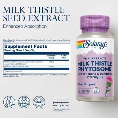 SOLARAY Milk Thistle Phytosome with Artichoke, Dandelion & Ginger – 15% Silybin Liver Support, 60-Day Guarantee | 30 Servings