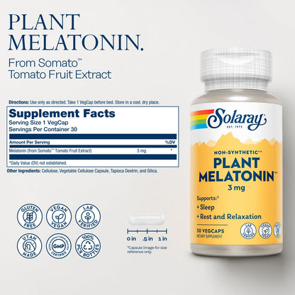 Solaray Plant Melatonin 3 mg with Somato – Tomato-Derived Sleep Aid, Vegan, Gluten Free | 30 Servings