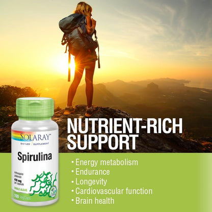 SOLARAY Spirulina 410mg – Algae Superfood for Energy, Vitality & Overall Health | 100ct, 100 Serv.