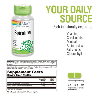 SOLARAY Spirulina 410mg – Algae Superfood for Energy, Vitality & Overall Health | 100ct, 100 Serv.