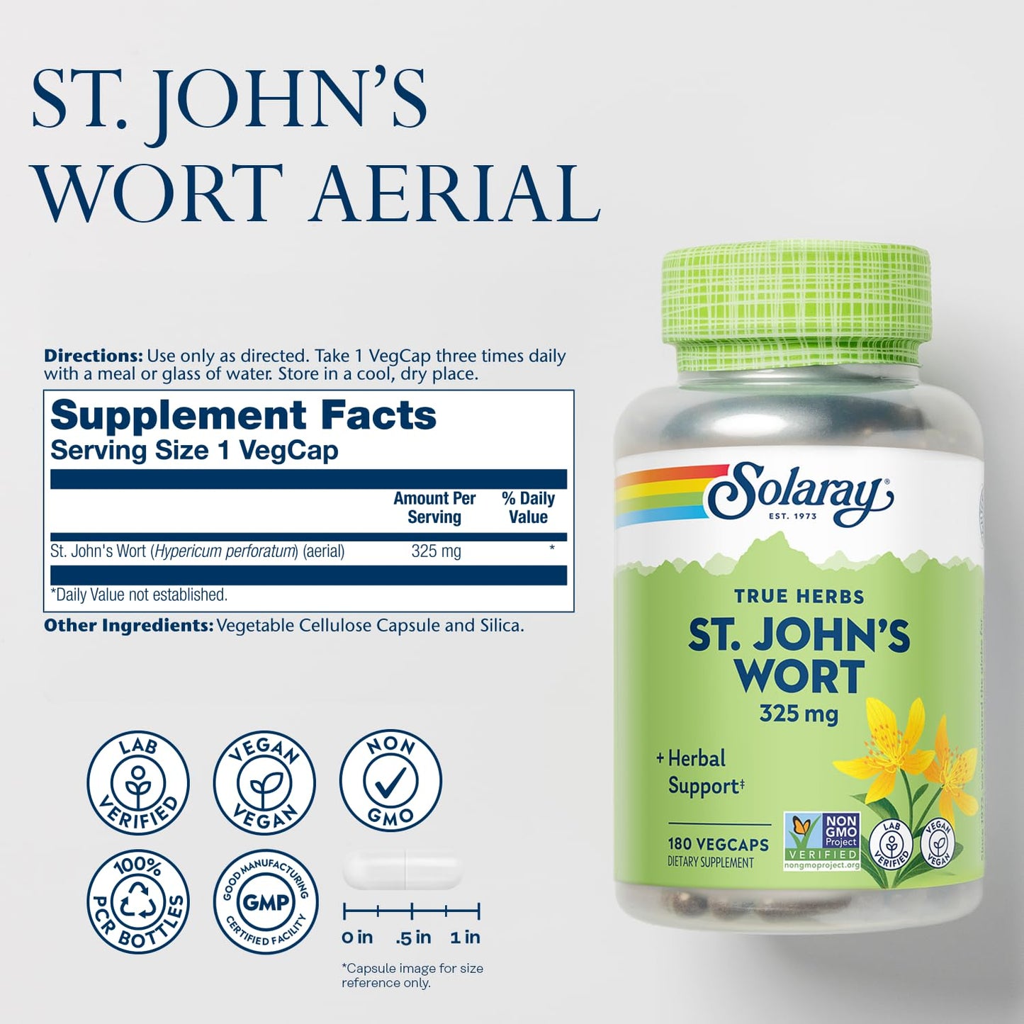 SOLARAY St Johns Wort 325 mg - 180 VegCaps | Mood Support, Non-GMO, Vegan, Lab Verified | 60-Day Money Back