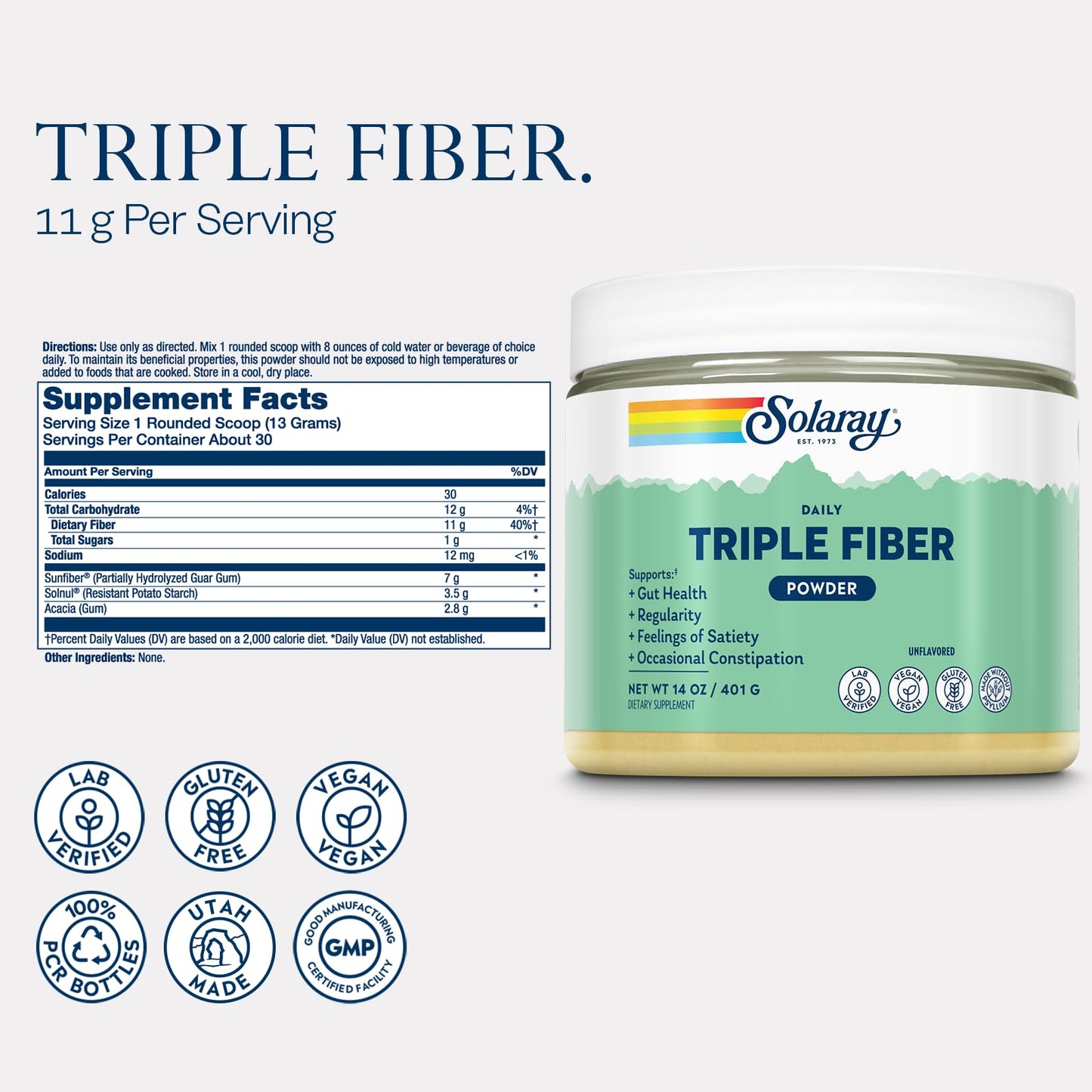 SOLARAY Triple Fiber Powder – Daily Fiber Supplement with Prebiotics (30 Servings, 14oz)