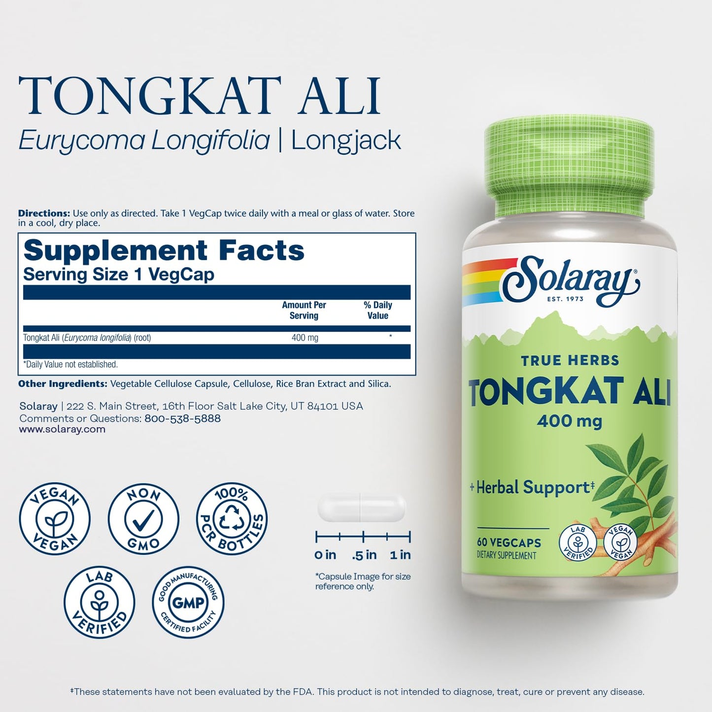 SOLARAY Tongkat Ali 400 mg - Longjack for Men | Vegan, Non-GMO, Lab Verified - 60 Servings