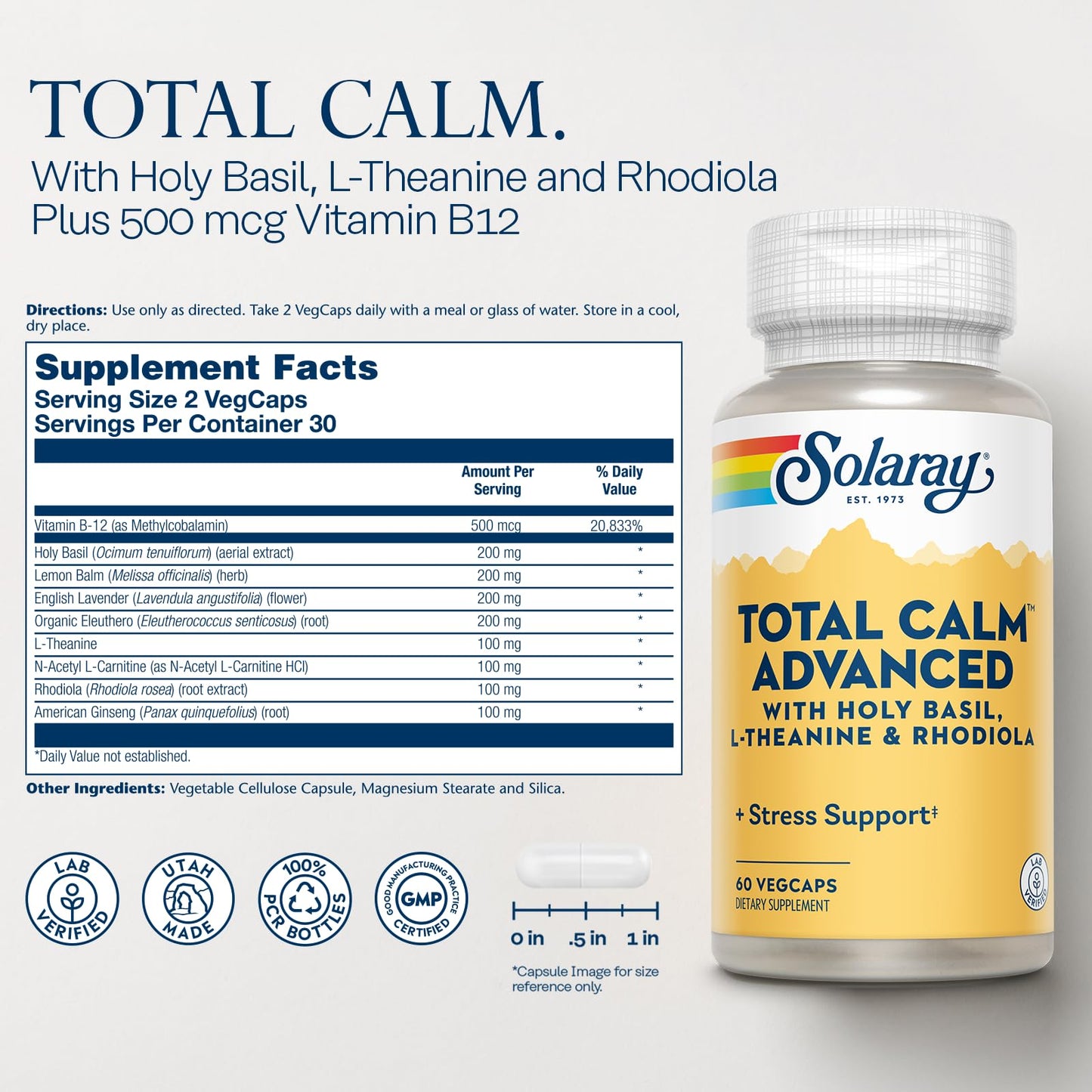 SOLARAY Total Calm Advanced - Nervous System Health and Cellular Energy Support - with Holy Basil, L Theanine, Rhodiola Rosea, Plus Vitamin B12 and Ginseng, Lab Verified, 60-Day Guarantee, 30 Servings