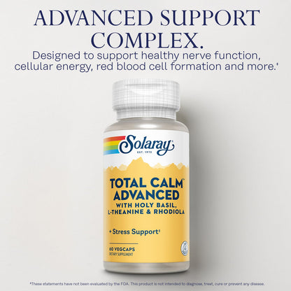 SOLARAY Total Calm Advanced - Nervous System Health and Cellular Energy Support - with Holy Basil, L Theanine, Rhodiola Rosea, Plus Vitamin B12 and Ginseng, Lab Verified, 60-Day Guarantee, 30 Servings