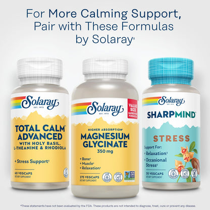 SOLARAY Total Calm Advanced - Nervous System Health and Cellular Energy Support - with Holy Basil, L Theanine, Rhodiola Rosea, Plus Vitamin B12 and Ginseng, Lab Verified, 60-Day Guarantee, 30 Servings