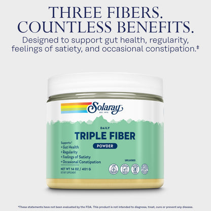 SOLARAY Triple Fiber Powder – Daily Fiber Supplement with Prebiotics (30 Servings, 14oz)