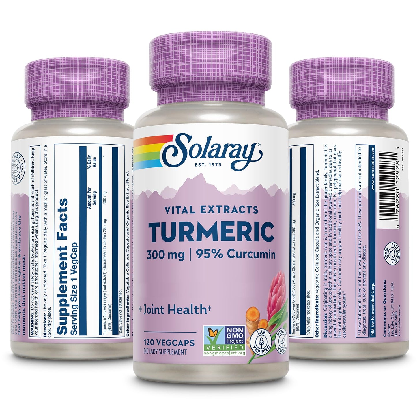 SOLARAY Turmeric 300 mg – Joint Support (95% Curcumin) – Vegan, Lab Verified, 120 CT
