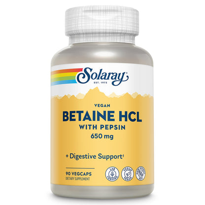 SOLARAY Vegan Betaine HCL with Pepsin - Digestive Health Supplement, 90 VegCaps | 60-Day Guarantee