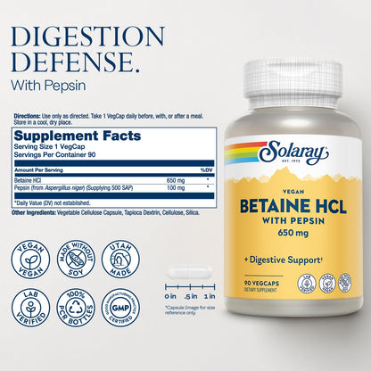 SOLARAY Vegan Betaine HCL with Pepsin - Digestive Health Supplement, 90 VegCaps | 60-Day Guarantee