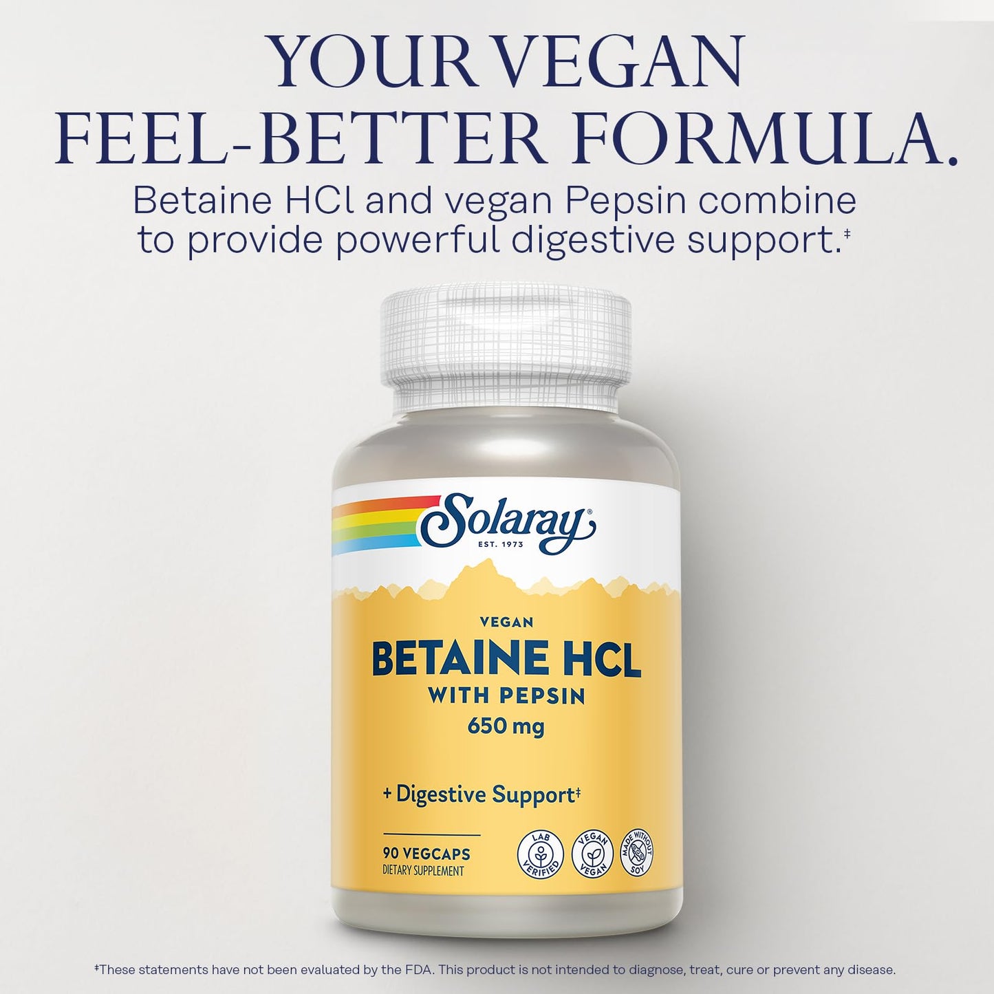 SOLARAY Vegan Betaine HCL with Pepsin - Digestive Health Supplement, 90 VegCaps | 60-Day Guarantee