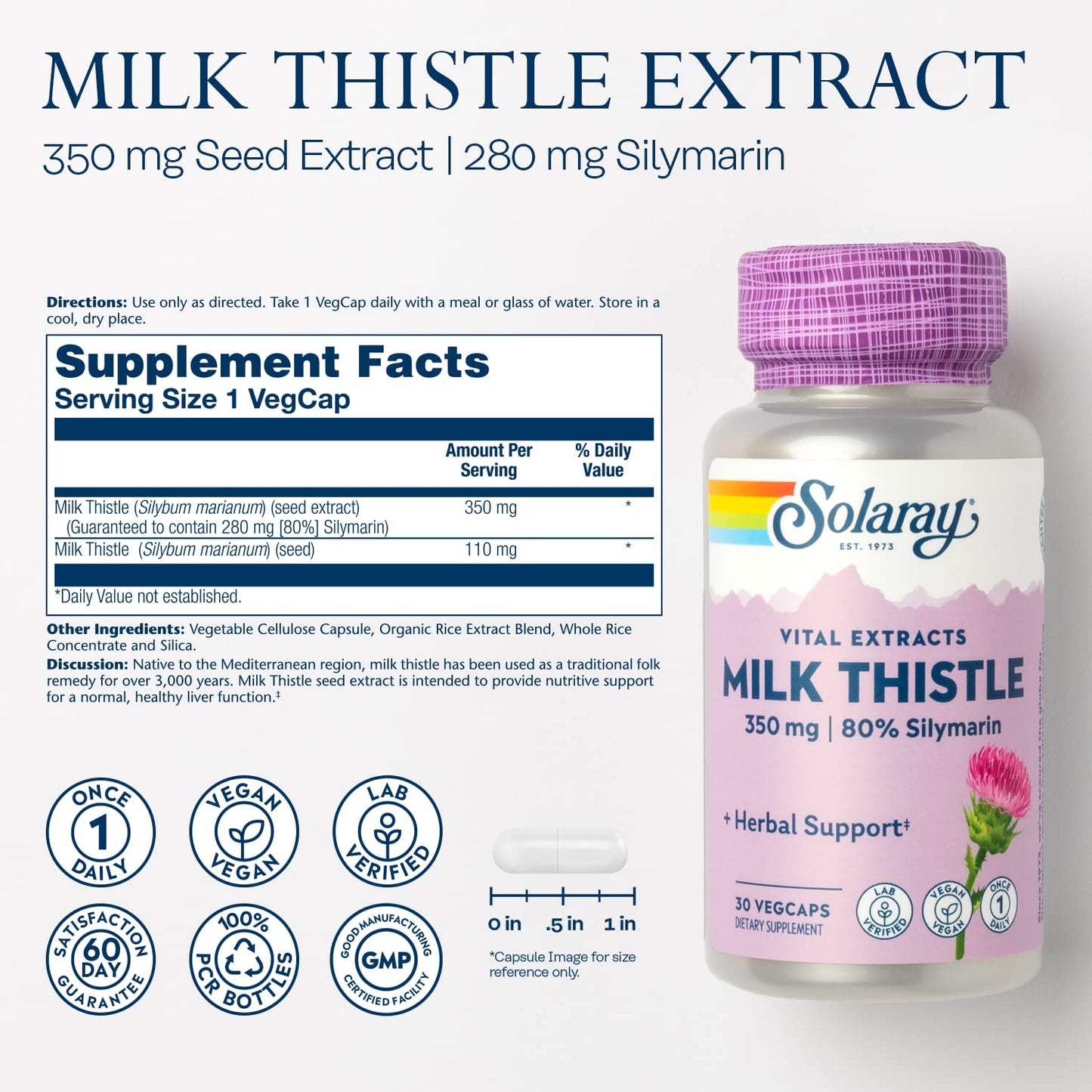 SOLARAY Milk Thistle Seed Extract 350 mg – 80% Silymarin | Vegan Liver Support | 60-Day Guarantee | 30 Servings