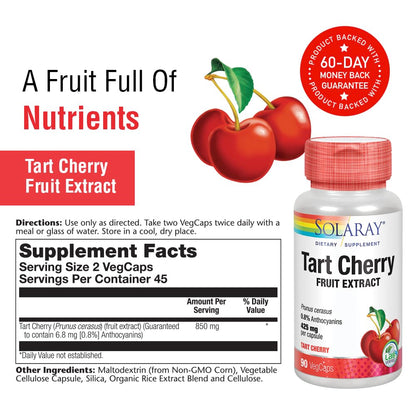 Solaray Tart Cherry Capsules 850mg – 0.8% Anthocyanins, Vegan, 45 Servings