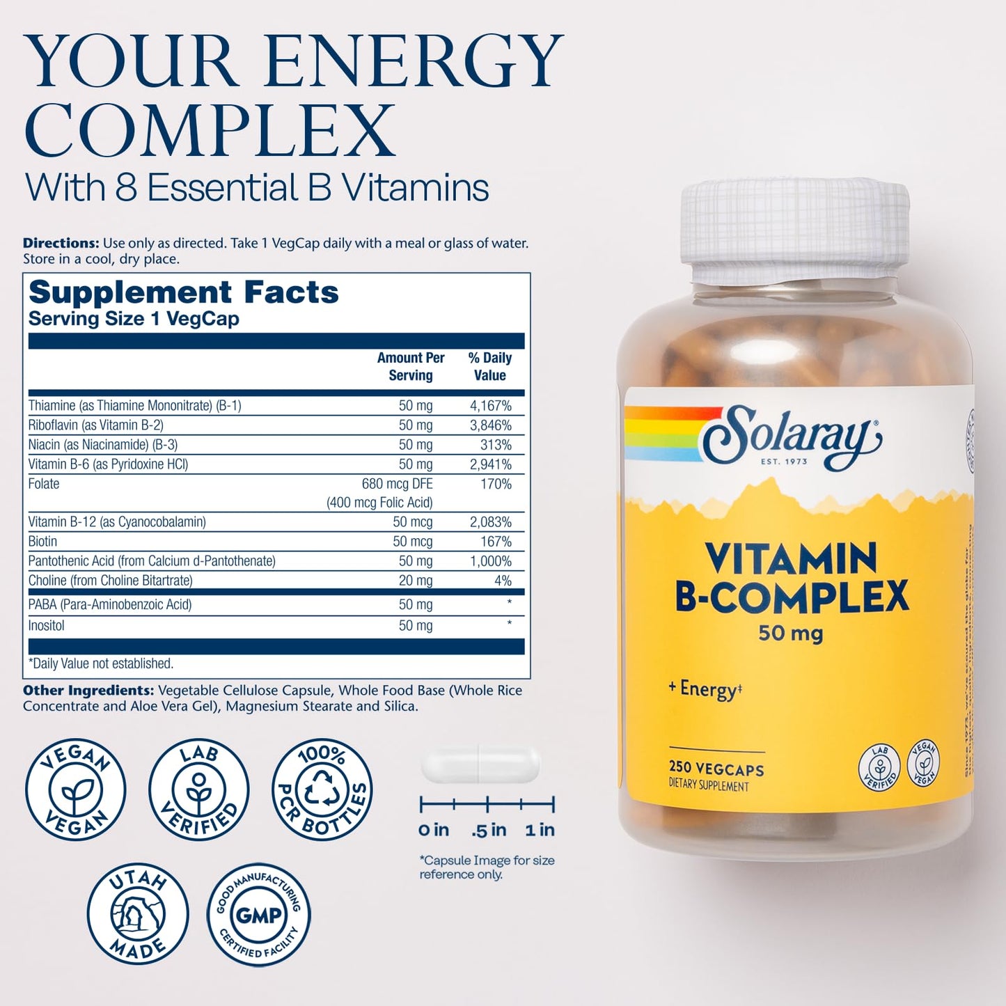 Solaray Vitamin B Complex 50 mg – Energy, Metabolism & Nerve Health Support (Vegan, 250 VegCaps)
