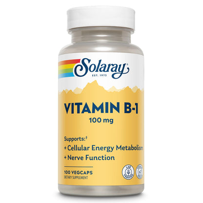 SOLARAY Vitamin B1 100mg (Thiamine) – Cellular Energy & Nervous System Support | Vegan | 100 Servings