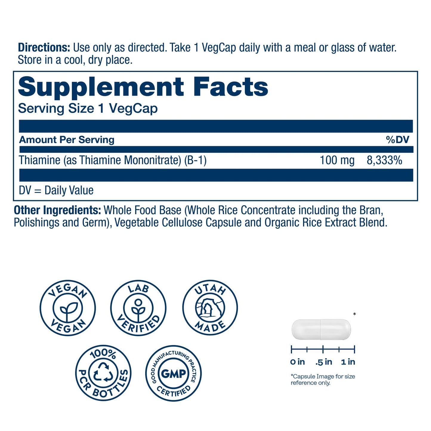 SOLARAY Vitamin B1 100mg (Thiamine) – Cellular Energy & Nervous System Support | Vegan | 100 Servings