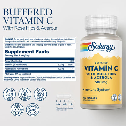 SOLARAY Buffered Vitamin C 500mg + Rose Hips & Acerola | Immune Support