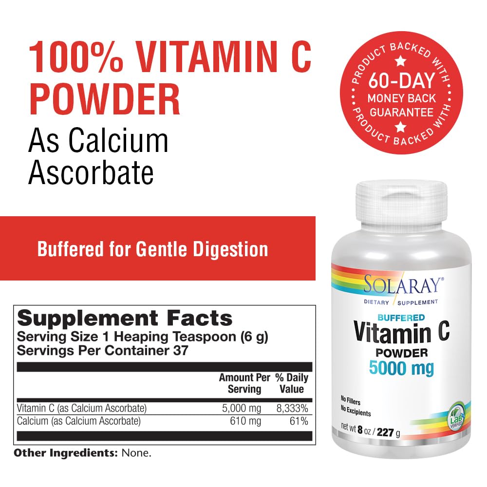 SOLARAY Vitamin C Crystalline 5000mg – Buffered Powder for Gentle Digestion | Immune Support & Collagen Synthesis | 8 oz