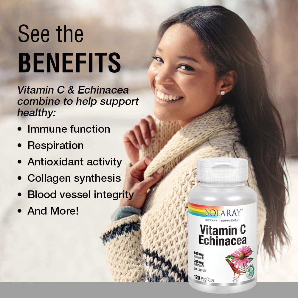 SOLARAY Vitamin C & Echinacea Root – Immune Support, 500 mg Vitamin C & 300 mg Echinacea per Capsule, 120 VegCaps, Non-GMO & Vegan