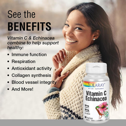 Solaray Vitamin C & Echinacea Root - Immune Support, 500 mg C + 300 mg Echinacea, Non-GMO & Vegan | 60 VegCaps