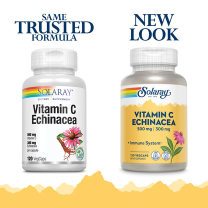 SOLARAY Vitamin C & Echinacea Root – Immune Support, 500 mg Vitamin C & 300 mg Echinacea per Capsule, 120 VegCaps, Non-GMO & Vegan