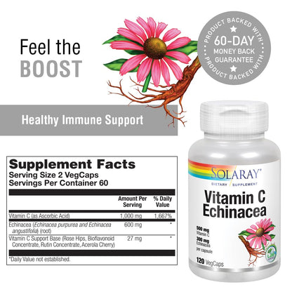 SOLARAY Vitamin C & Echinacea Root – Immune Support, 500 mg Vitamin C & 300 mg Echinacea per Capsule, 120 VegCaps, Non-GMO & Vegan