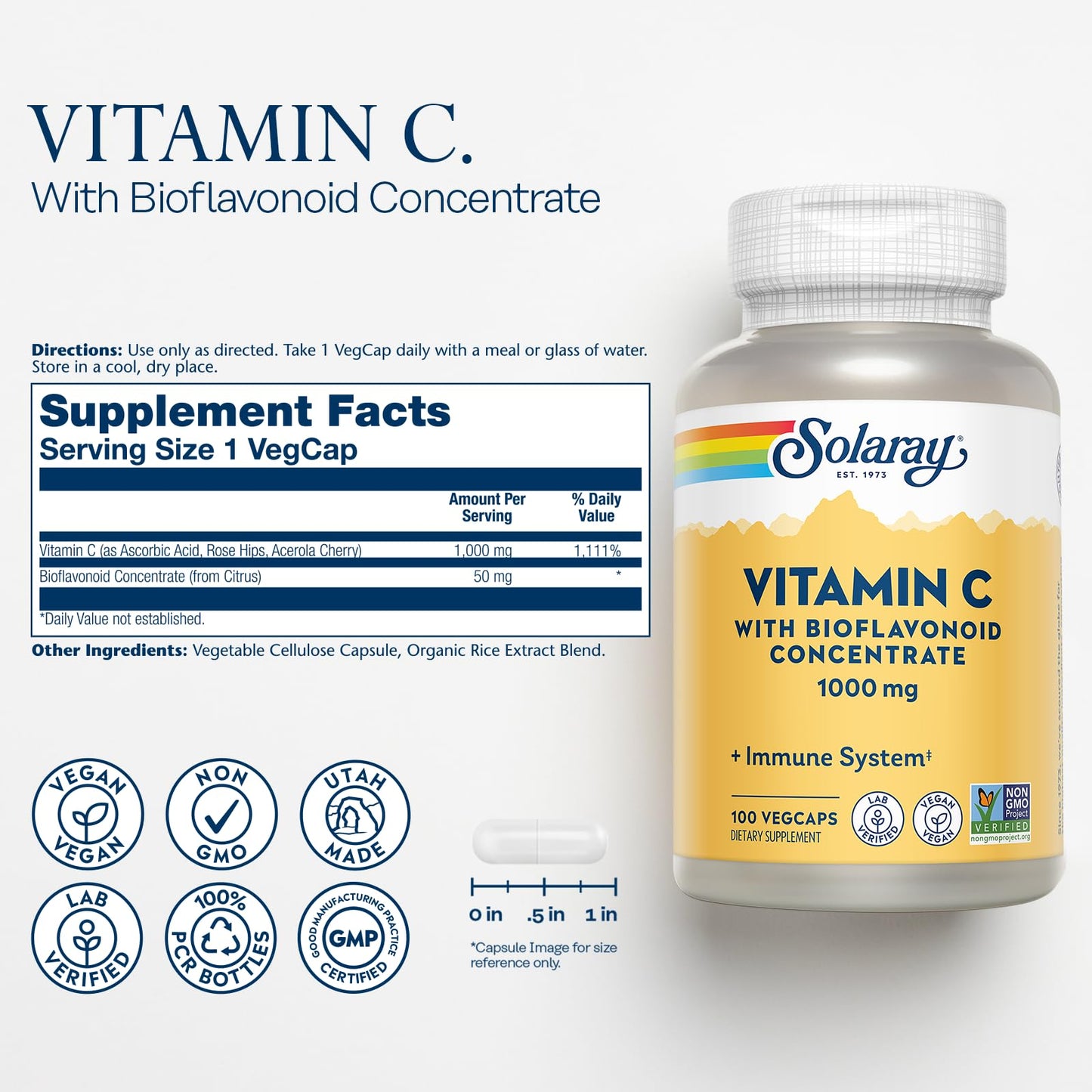 SOLARAY Vitamin C 1000mg with Bioflavonoids – Immune Support, Vegan, Non-GMO, 100 Servings