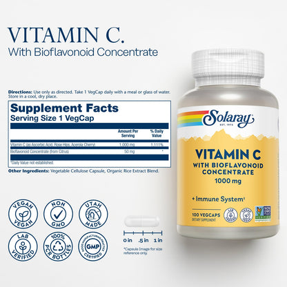 SOLARAY Vitamin C 1000mg with Bioflavonoids – Immune Support, Vegan, Non-GMO, 100 Servings