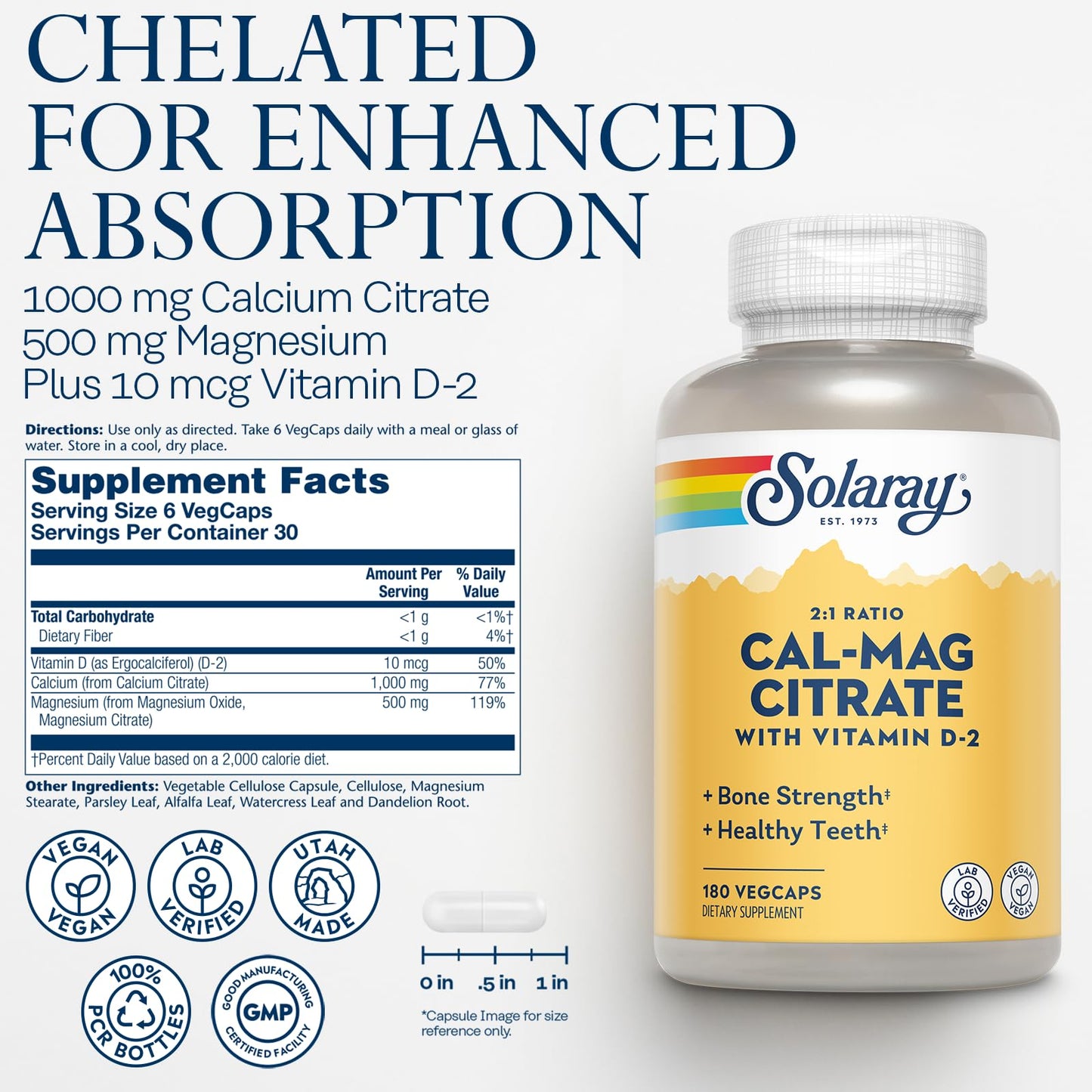 Solaray Calcium Magnesium Citrate 2:1 with Vitamin D2 – Vegan, 60-Day Guarantee