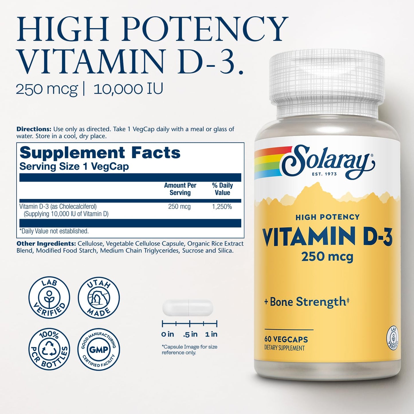 SOLARAY Vitamin D3 10000IU (250 mcg) - High Potency Cholecalciferol | 60 VegCaps