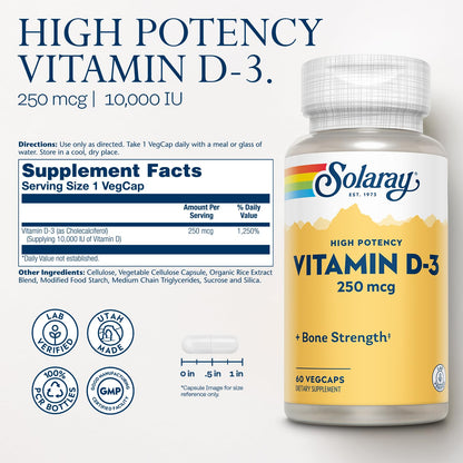 SOLARAY Vitamin D3 10000IU (250 mcg) - High Potency Cholecalciferol | 60 VegCaps