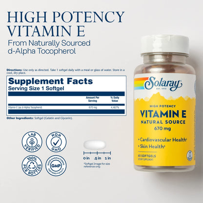 SOLARAY Vitamin E 1000 IU Softgels – 670 mg d Alpha Tocopherol | Skin & Heart Health, Antioxidant Support | 60-Servings