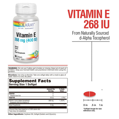 SOLARAY Vitamin E d-Alpha Tocopherol 268mg (400 IU) | Heart & Skin Health, Antioxidant Activity Support (50 CT)