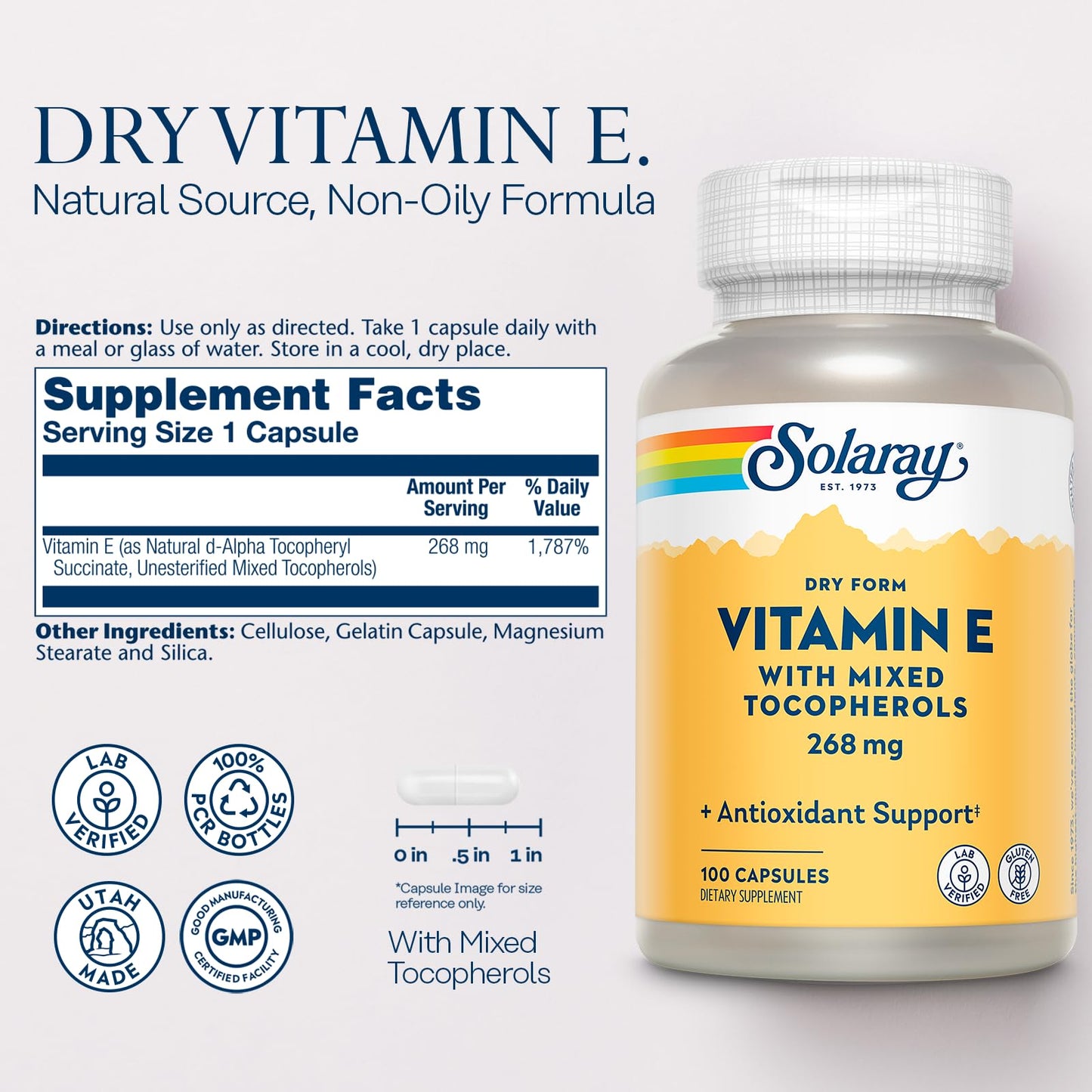 SOLARAY Vitamin E 400 IU Dry Form - Mixed Tocopherols, Antioxidant, 100 Capsules