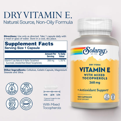 SOLARAY Vitamin E 400 IU Dry Form - Mixed Tocopherols, Antioxidant, 100 Capsules