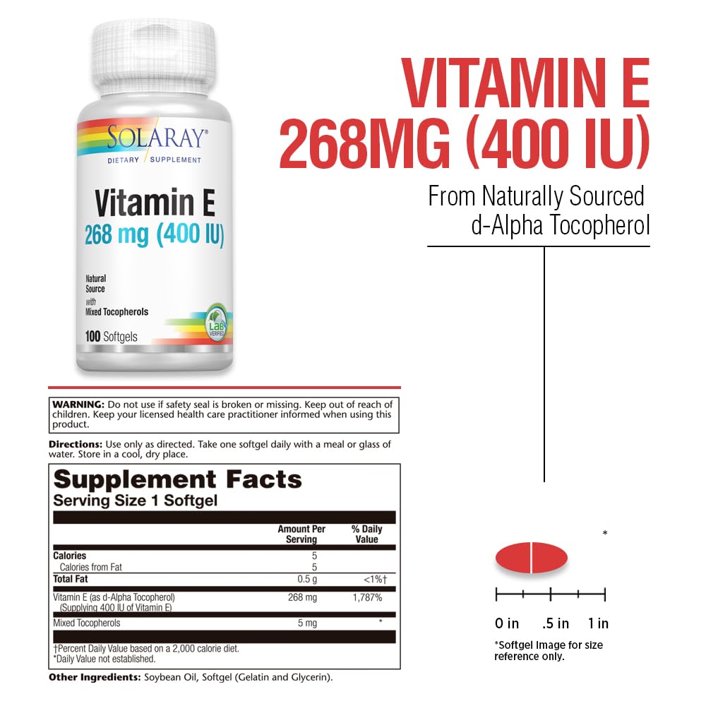 SOLARAY Vitamin E d-Alpha Tocopherol 268mg (400 IU) – Heart & Skin Health, 100ct