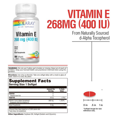 SOLARAY Vitamin E d-Alpha Tocopherol 268mg (400 IU) – Heart & Skin Health, 100ct