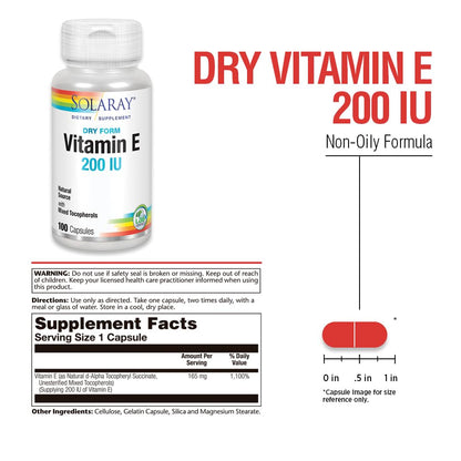 SOLARAY Vitamin E Dry 200 IU with Mixed Tocopherols – 100 Count