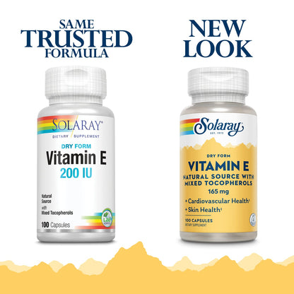 SOLARAY Vitamin E, Dry 200 IU w/Mixed Tocopherols | Healthy Cardiac Function & Skin Health Support | 100ct (Pack of 2)