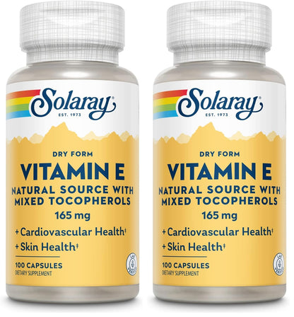 SOLARAY Vitamin E, Dry 200 IU w/Mixed Tocopherols | Healthy Cardiac Function & Skin Health Support | 100ct (Pack of 2)