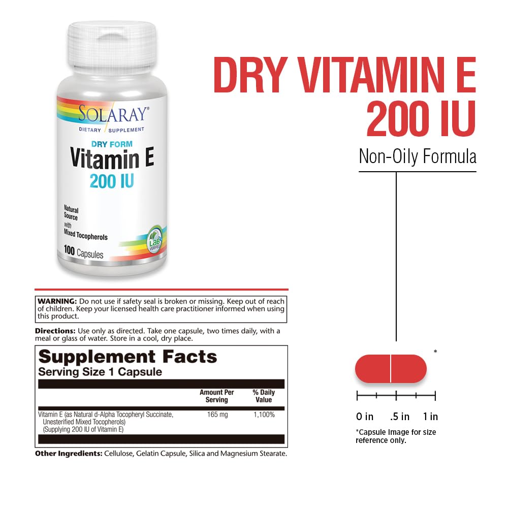 SOLARAY Vitamin E, Dry 200 IU w/Mixed Tocopherols | Healthy Cardiac Function & Skin Health Support | 100ct (Pack of 2)