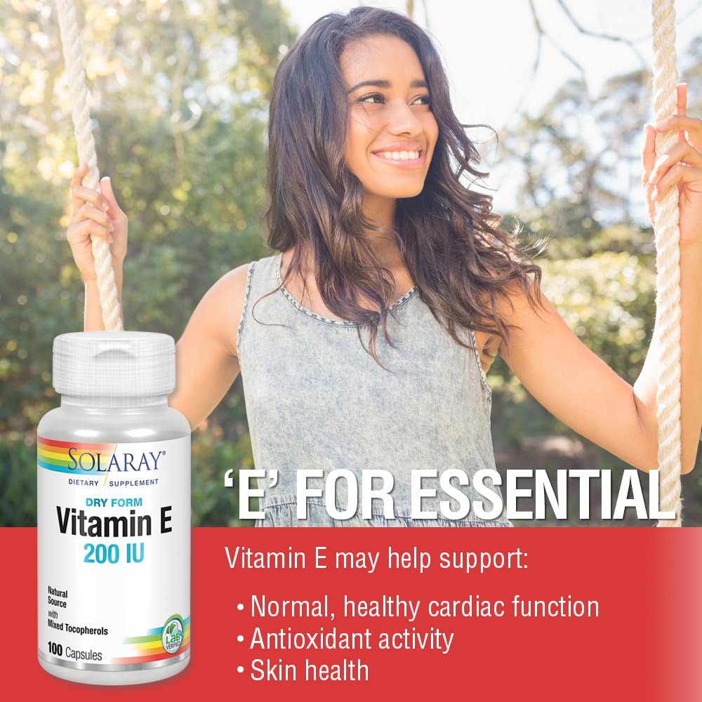 SOLARAY Vitamin E, Dry 200 IU w/Mixed Tocopherols | Healthy Cardiac Function & Skin Health Support | 100ct (Pack of 2)