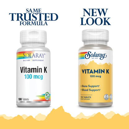 SOLARAY Vitamin K-1 100mcg | Healthy Bone Structure, Blood Clotting & Protein Synthesis Support | Non-GMO, Vegan & Lab Verified | 100 Tablets