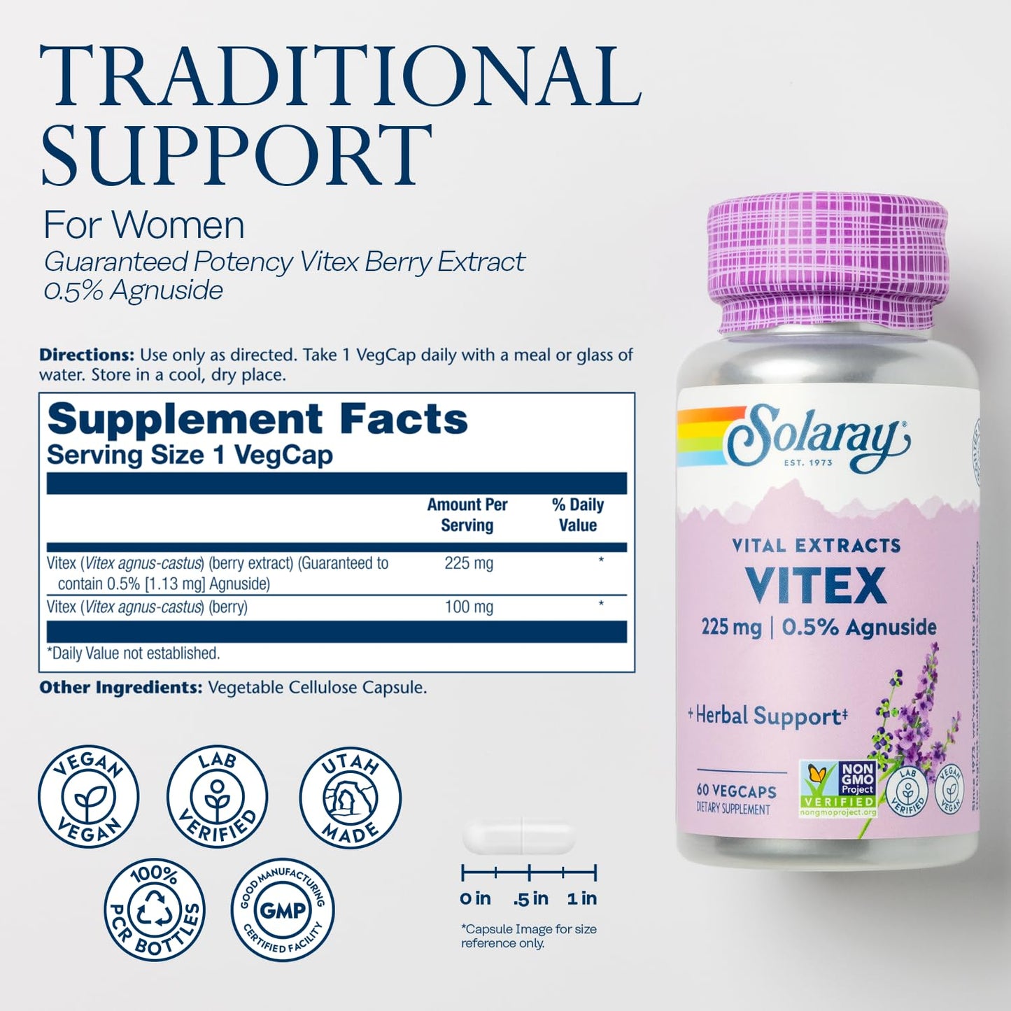 SOLARAY Vitex Berry Extract 225 mg – Chasteberry Supplement for Women | Hormone Balance, Vegan, Lab Verified | 60 Servings