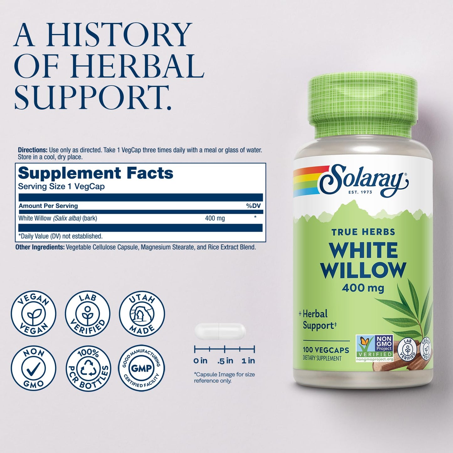 SOLARAY White Willow 400mg - White Willow Bark Capsules | Wellness Support | Non-GMO, Gluten Free, Vegan