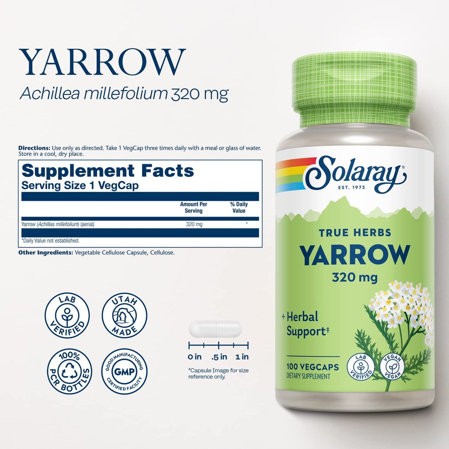 SOLARAY True Herbs Yarrow 320mg, Whole Aerial - Yarrow Herbal Supplements for Wellness Support - Non-GMO, Vegan, Gluten Free, Lab Verified, 60-Day Money Back Guarantee - 100 Servings, 100 VegCaps