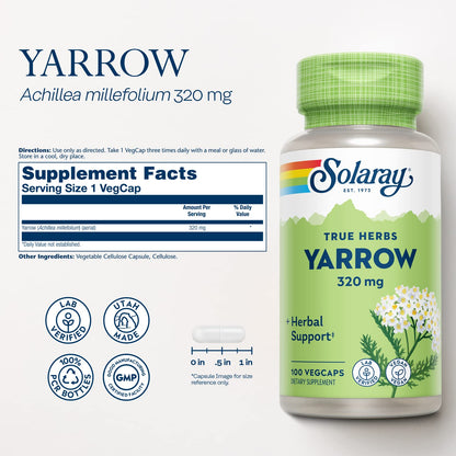 SOLARAY True Herbs Yarrow 320mg, Whole Aerial - Yarrow Herbal Supplements for Wellness Support - Non-GMO, Vegan, Gluten Free, Lab Verified, 60-Day Money Back Guarantee - 100 Servings, 100 VegCaps