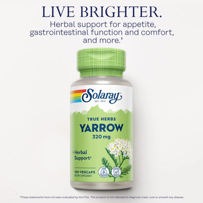SOLARAY True Herbs Yarrow 320mg, Whole Aerial - Yarrow Herbal Supplements for Wellness Support - Non-GMO, Vegan, Gluten Free, Lab Verified, 60-Day Money Back Guarantee - 100 Servings, 100 VegCaps
