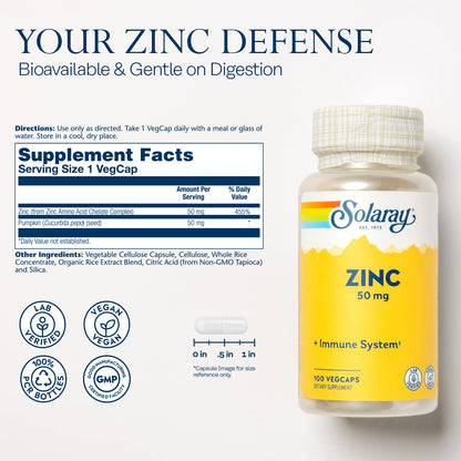 Solaray Zinc 50mg Immune Support Capsules – 100 Count, Vegan
